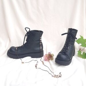 Chunky Green Leather Combat Boots, Custom Made, Lace-Up